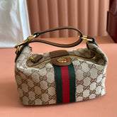 GUCCI 26S GIGLIO TOP HANDLE BAG 19 IN WARM BEIGE AND BROWN CANVAS