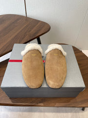 PRADA 25S CLOGS IN LIGHT BROWN SUEDE FUR-LINED