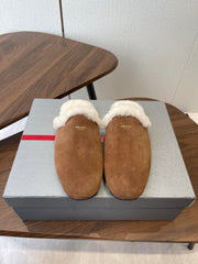 PRADA 25S CLOGS IN BROWN SUEDE FUR-LINED