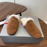 PRADA 25S CLOGS IN BROWN SUEDE FUR-LINED