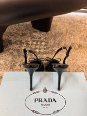 PRADA 25S SLINGBACK HIGH HEELS 75 MM IN BLACK EMBOSSED COWHIDE