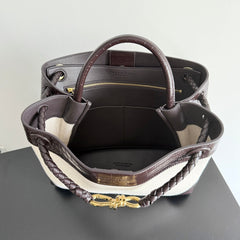 BOTTEGA VENETA 25S MEDIUM ANDIAMO 32 IN IVORY DARK BROWN CALFSKIN AND CANVAS