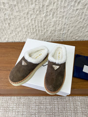 PRADA 25S PLATFORM FUR-LINED MULES IN EARTH BROWN SUEDE