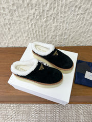 PRADA 25S PLATFORM FUR-LINED MULES IN BLACK SUEDE