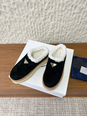 PRADA 25S PLATFORM FUR-LINED MULES IN BLACK SUEDE