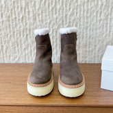 PRADA 25S ANKLE BOOTS 40 MM IN MUTED BROWN GRAY SUEDE SHEARLING-LINED