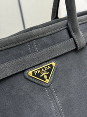 PRADA 25S BONNIE LARGE HANDBAG 38 IN DARK GRAY SUEDE GOLD HARDWARE