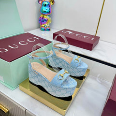 GG WEDGE HEELS IN BLUE FABRIC AND CALFSKIN WITH GOLD HARDWARE STYLE 4