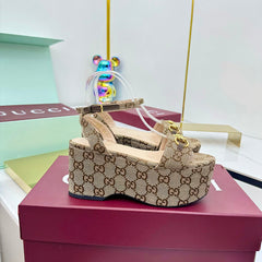 GG WEDGE HEELS IN DARK BEIGE FABRIC AND CALFSKIN WITH GOLD HARDWARE STYLE 3