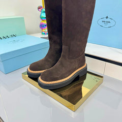 PRADA 25S HIGH BOOTS MARTIN 50MM IN DARK BROWN SUEDE WITH LOGO