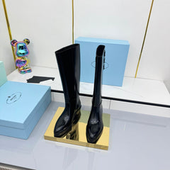 PRADA 25S CHUNKY SOLE TALL BOOTS MARTIN 50MM IN BLACK GLOSSY CALFSKIN