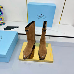 PRADA 25S POINTED TOE HIGH BOOTS 50MM IN DARK BROWN SUEDE WITH LOGO