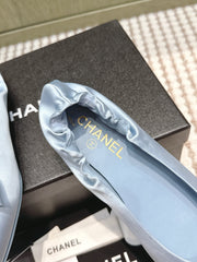 CHANEL 25S MARY JANE BALLET FLATS IN BLUE SILK SATIN