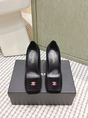 CHANEL 25S SLINGBACK SHOES 90MM IN BLACK SUEDE SQUARE TOE PINK HARDWARE