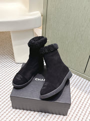 CHANEL 25S CALF-HIGH BOOTS IN BLACK SUEDE LINED WITH SHEEPSKIN