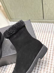 CHANEL 25S CALF-HIGH BOOTS IN BLACK SUEDE LINED WITH SHEEPSKIN