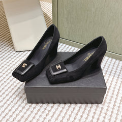 CHANEL 25S SLINGBACK SHOES 90MM IN BLACK SUEDE SQUARE TOE GOLD HARDWARE