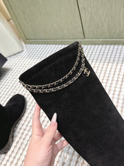 CHANEL 25S KNEE-HIGH BOOTS IN BLACK SUEDE GOLD HARDWARE