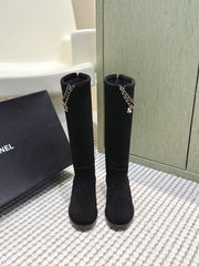 CHANEL 25S KNEE-HIGH BOOTS IN BLACK SUEDE GOLD HARDWARE
