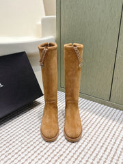 CHANEL 25S KNEE-HIGH BOOTS IN CARAMEL SUEDE GOLD HARDWARE