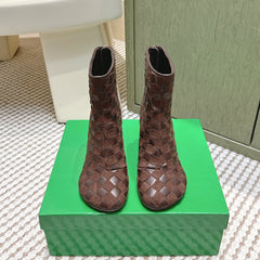 BOTTEGA VENETA 26S INTRECCIATO BOOTS 70 MM IN DARK BROWN SUEDE AND LAMBSKIN