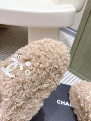 CHANEL 25S CLASSIC FURRY SLIDES IN LIGHT BROWN WITH DOUBLE C LOGO