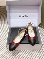 CHANEL 25S BALLERINA SHOES IN MAROON RED AND BLACK CALFSKIN GOLD HARDWARE