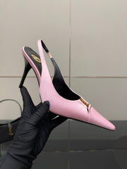 YSL 25S SLINGBACK HIGH HEELS 90 MM IN PINK SATIN WITH GOLD HARDWARE STYLE 17