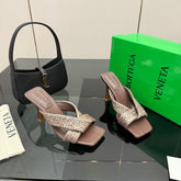 BOTTEGA VENETA 26S HEELED SANDALS 95 MM IN DARK BROWN CALFSKIN AND RAFFIA