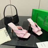 BOTTEGA VENETA 26S HEELED SANDALS 95 MM IN LIGHT PINK CALFSKIN AND RAFFIA