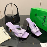 BOTTEGA VENETA 26S HEELED SANDALS 95 MM IN LIGHT PURPLE CALFSKIN AND RAFFIA