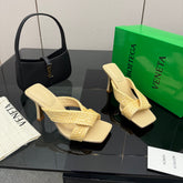 BOTTEGA VENETA 26S HEELED SANDALS 95 MM IN LIGHT YELLOW CALFSKIN AND RAFFIA