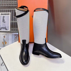 HM 25S JUMPING BOOT IN BLACK LAMBSKIN AND GREY CANVAS WITH SILVER HARDWARE