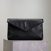 YSL 25S CASSANDRE LARGE ENVELOPE POUCH 29 IN BLACK CALFSKIN GRAY HARDWARE