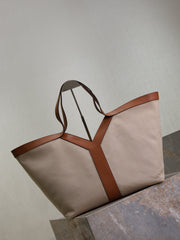 YSL 25S Y TOTE 50 IN BROWN BEIGE CANVAS AND CALFSKIN