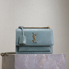 YSL 25S SUNSET MEDIUM 22 IN LIGHT BLUE CROCODILE-EMBOSSED CALFSKIN GOLD HARDWRE