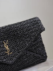 YSL 25S CASSANDRE LARGE ENVELOPE POUCH 29 IN BLACK RAFFIA GOLD HARDWRE