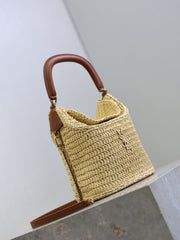 YSL 25S GABY BUCKET BAG 19 IN RAFFIA AND CALFSKIN GOLD HARDWARE