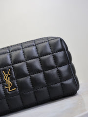 YSL 25S CASSANDRE MATELASSÉ CARRÉ POUCH ON CHAIN 18 IN BLACK LAMBSKIN