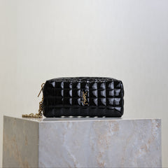 YSL 25S CASSANDRE MATELASSÉ CARRÉ POUCH ON CHAIN 18 IN BLACK SHINY CALFSKIN