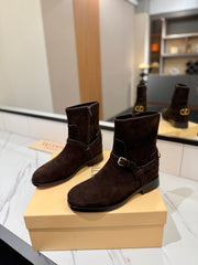 VALENTINO 25S PATTIE ANKLE BOOTS IN DARK BROWN SUEDE WITH GOLD HARDWARE