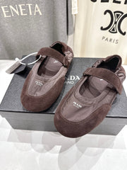 PRADA 25S COLLAPSE RE NYLON AND SUEDE BALLERINAS IN COFFEE