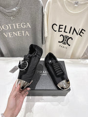 PRADA 25S COLLAPSE RE NYLON AND SUEDE SNEAKERS IN BLACK WITH METAL TOECAP