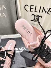 PRADA 25S MULES IN LIGHT PINK WITH METAL TOECAP