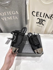 PRADA 25S MULES IN BLACK WITH METAL TOECAP