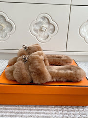 HM 25S ECLAIR SANDAL IN BROWN SHEARLING WITH SILVER HARDWARE