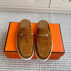 HM 25S MULES IN BROWN SUEDE WITH SILVER HARDWARE