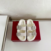 SLIDY VIV’ FUR STRASS BUCKLE MULES IN LIGHT GREY SUEDE AND CREAM SHEARLING INSOLE