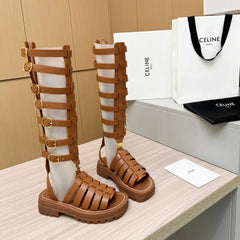 Triomphe high boots leather buckles Ginggerbread Brown