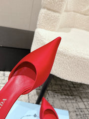 PRADA 25S POINTED-TOE MULES IN CRIMSON RED SATIN